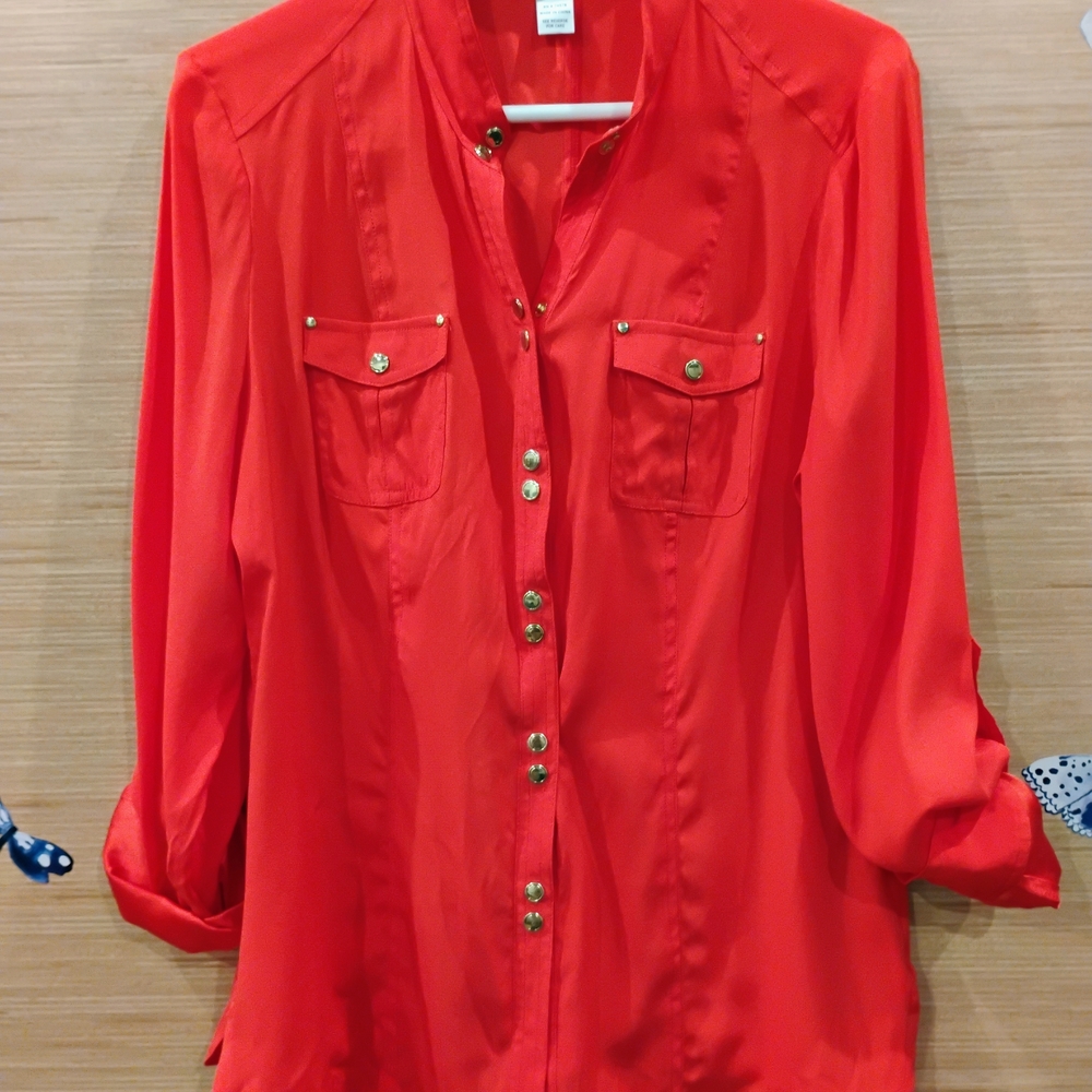 Red Button-Up Women's Top - Picture 2 of 6